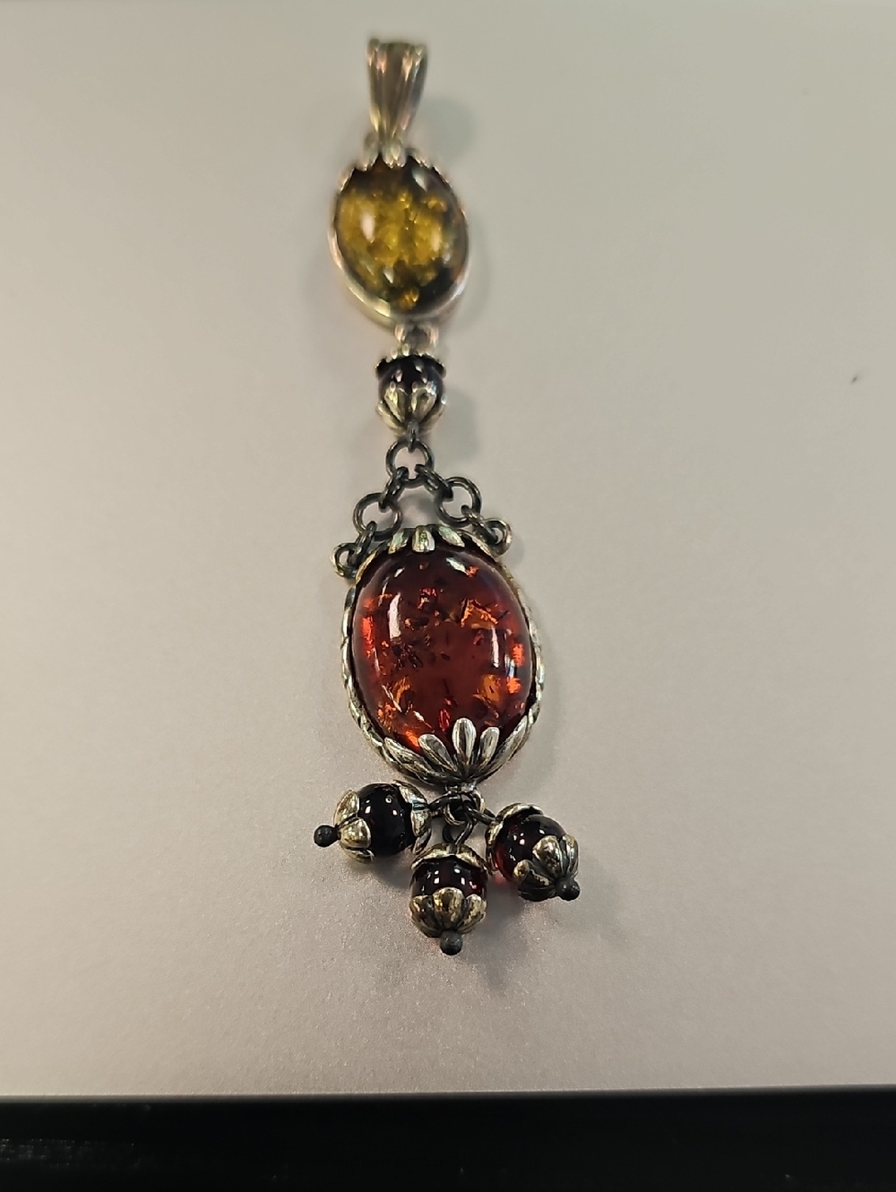 Sterling Silver Amber Pendant Necklace with Honey and Cognac Stones
